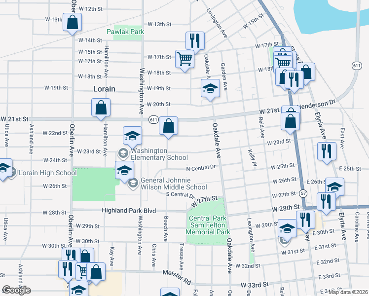 map of restaurants, bars, coffee shops, grocery stores, and more near 827 West 22nd Street in Lorain