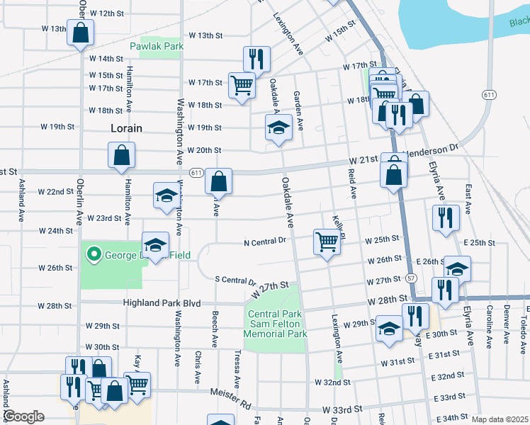 map of restaurants, bars, coffee shops, grocery stores, and more near 706 West 23rd Street in Lorain