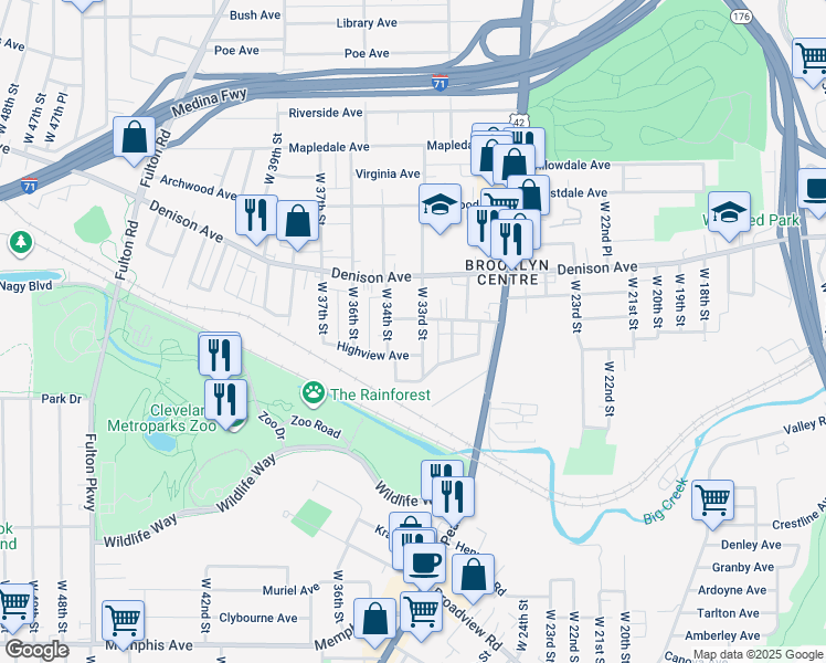 map of restaurants, bars, coffee shops, grocery stores, and more near 3875 West 33rd Street in Cleveland