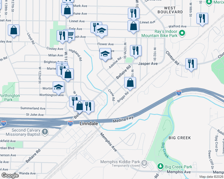 map of restaurants, bars, coffee shops, grocery stores, and more near 10807 Bellaire Road in Cleveland