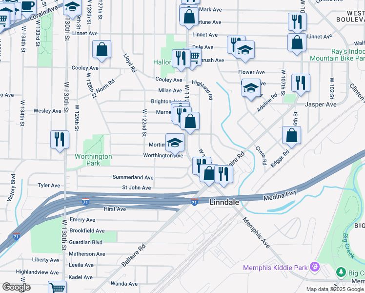 map of restaurants, bars, coffee shops, grocery stores, and more near 3806 West 117th Street in Cleveland