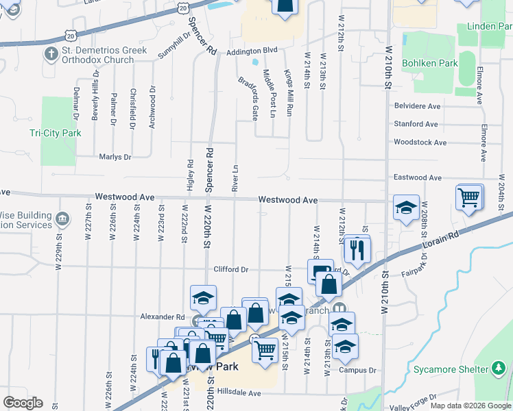 map of restaurants, bars, coffee shops, grocery stores, and more near 21732 Westwood Road in Fairview Park