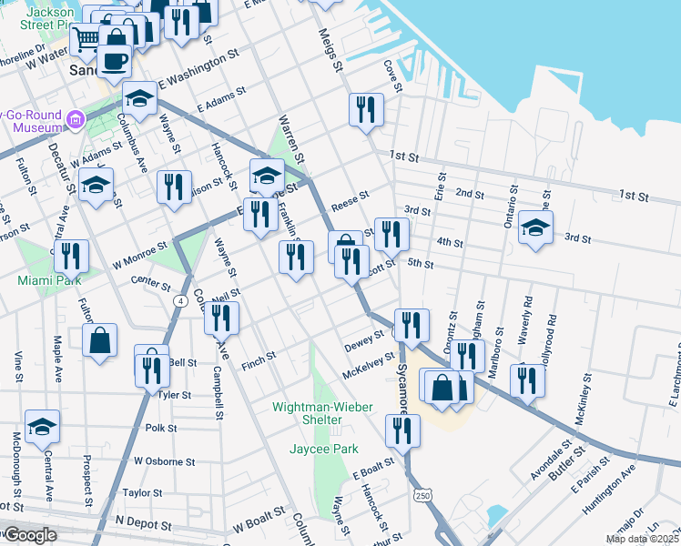 map of restaurants, bars, coffee shops, grocery stores, and more near 414 Neil Street in Sandusky