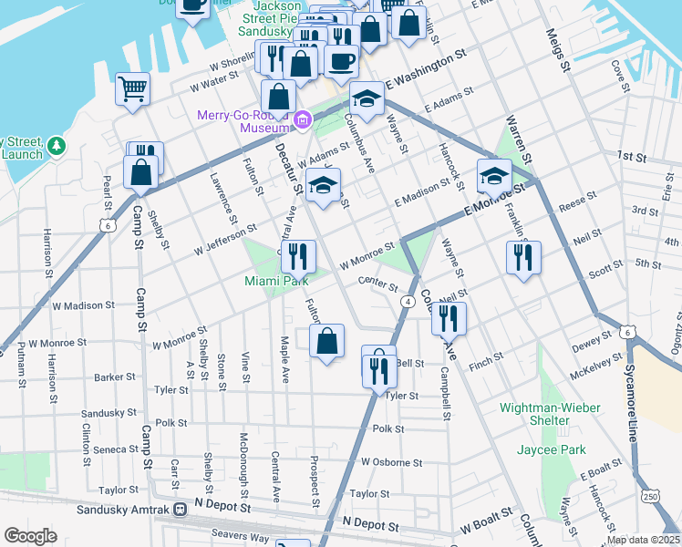 map of restaurants, bars, coffee shops, grocery stores, and more near 626 Decatur Street in Sandusky