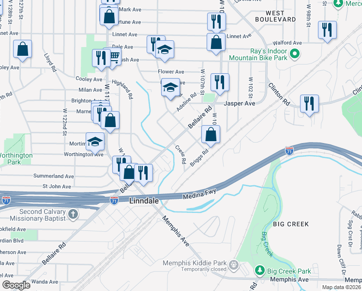 map of restaurants, bars, coffee shops, grocery stores, and more near 10807 Bellaire Road in Cleveland
