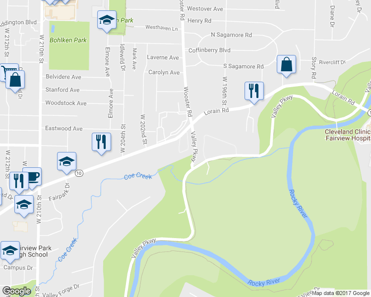 map of restaurants, bars, coffee shops, grocery stores, and more near 19975 Emerald View in Fairview Park