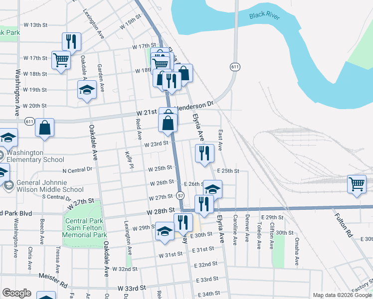 map of restaurants, bars, coffee shops, grocery stores, and more near 204 East 23rd Street in Lorain
