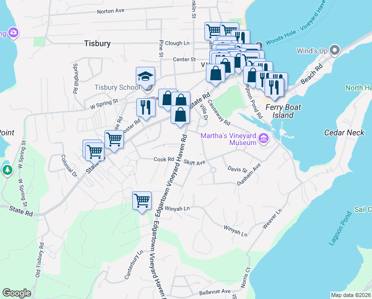map of restaurants, bars, coffee shops, grocery stores, and more near 82 Edgartown Vineyard Haven Road in Tisbury