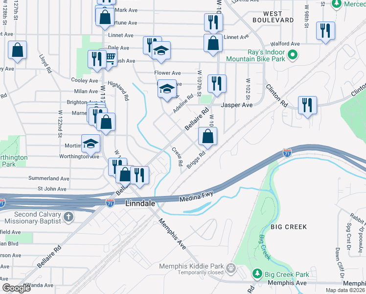 map of restaurants, bars, coffee shops, grocery stores, and more near 10807 Bellaire Road in Cleveland