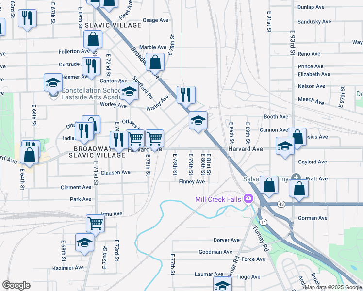 map of restaurants, bars, coffee shops, grocery stores, and more near 7813 Harvard Avenue in Cleveland