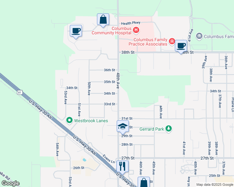 map of restaurants, bars, coffee shops, grocery stores, and more near 4800 34th Street in Columbus