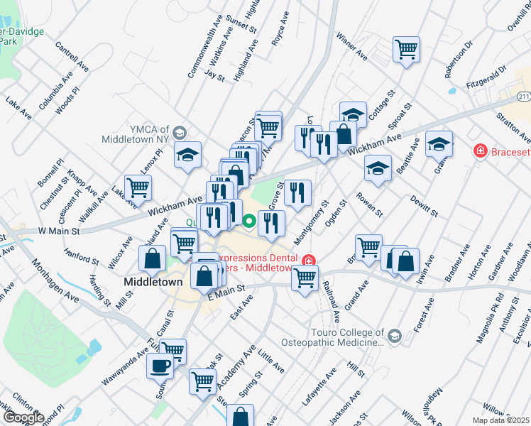 map of restaurants, bars, coffee shops, grocery stores, and more near 15 Grove Street in Middletown