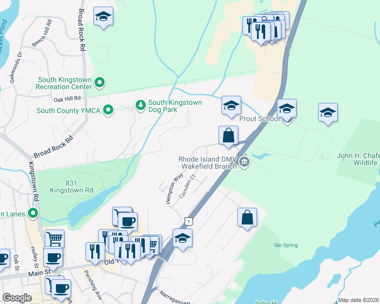 map of restaurants, bars, coffee shops, grocery stores, and more near 119 Hampton Way in South Kingstown