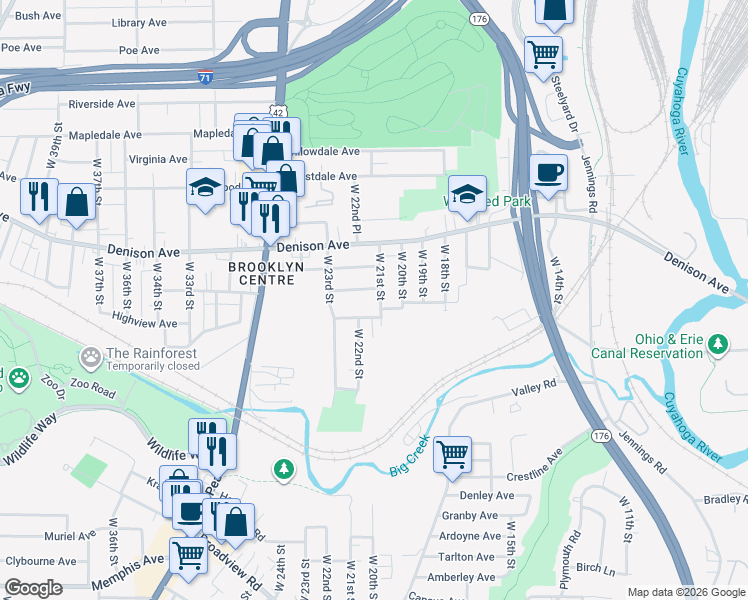map of restaurants, bars, coffee shops, grocery stores, and more near 2116 Hurley Avenue in Cleveland