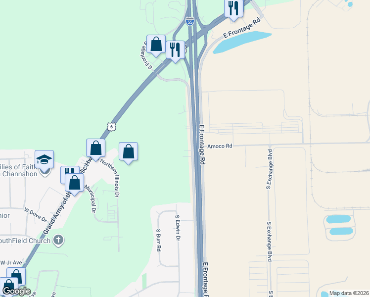 map of restaurants, bars, coffee shops, grocery stores, and more near 23906 South Frontage Road West in Channahon