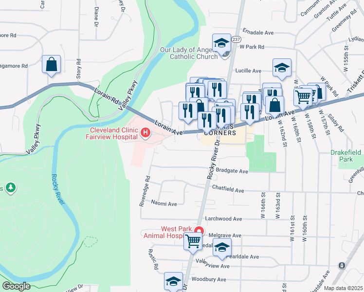 map of restaurants, bars, coffee shops, grocery stores, and more near 17410 Fernshaw Ave in Cleveland