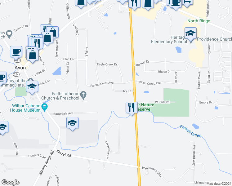map of restaurants, bars, coffee shops, grocery stores, and more near 2666 Center Road in Avon