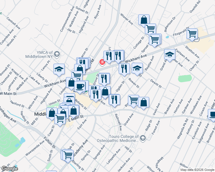 map of restaurants, bars, coffee shops, grocery stores, and more near 64 Cottage Street in Middletown