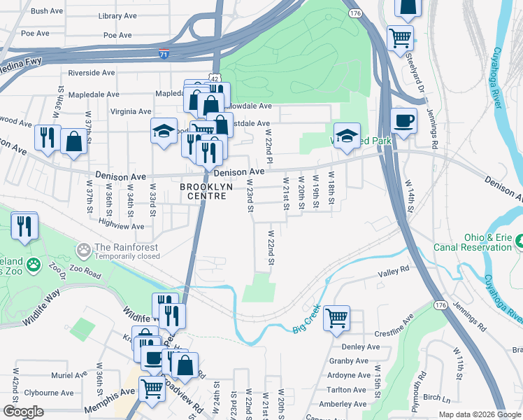 map of restaurants, bars, coffee shops, grocery stores, and more near 3883 West 23rd Street in Cleveland