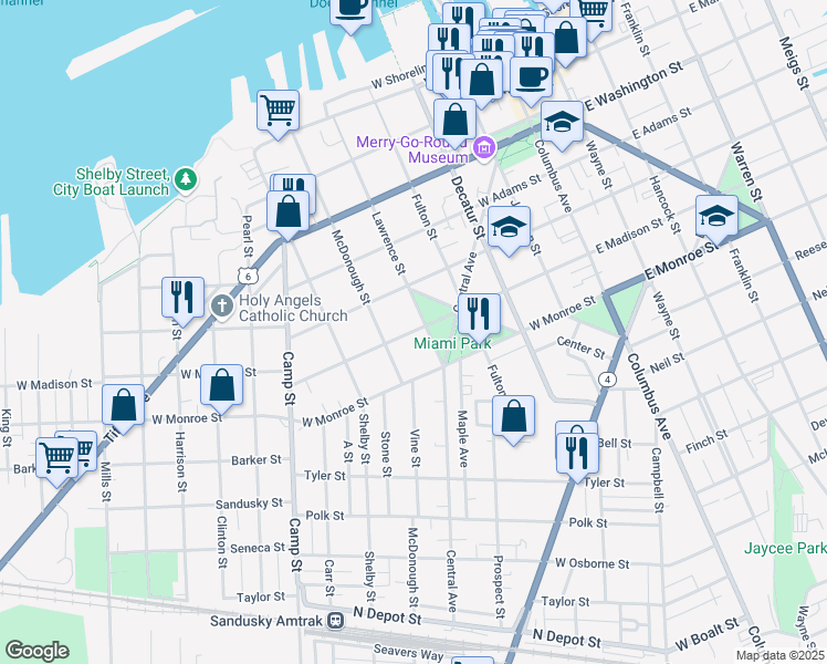 map of restaurants, bars, coffee shops, grocery stores, and more near 910 West Madison Street in Sandusky