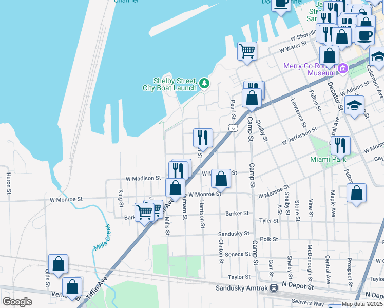 map of restaurants, bars, coffee shops, grocery stores, and more near 1816 West Jefferson Street in Sandusky
