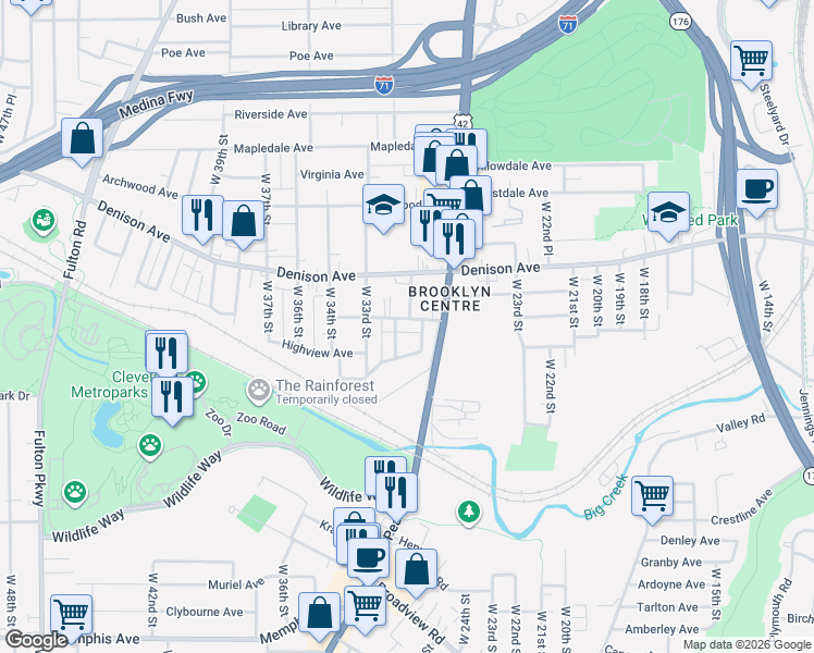 map of restaurants, bars, coffee shops, grocery stores, and more near 3878 West 31st Street in Cleveland