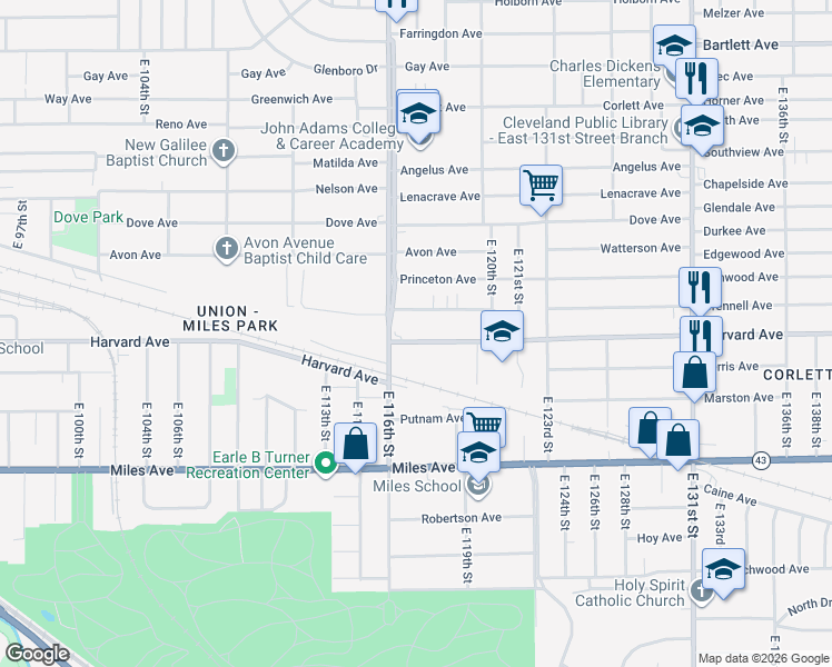 map of restaurants, bars, coffee shops, grocery stores, and more near 11708 Martin Luther King Junior Drive in Cleveland