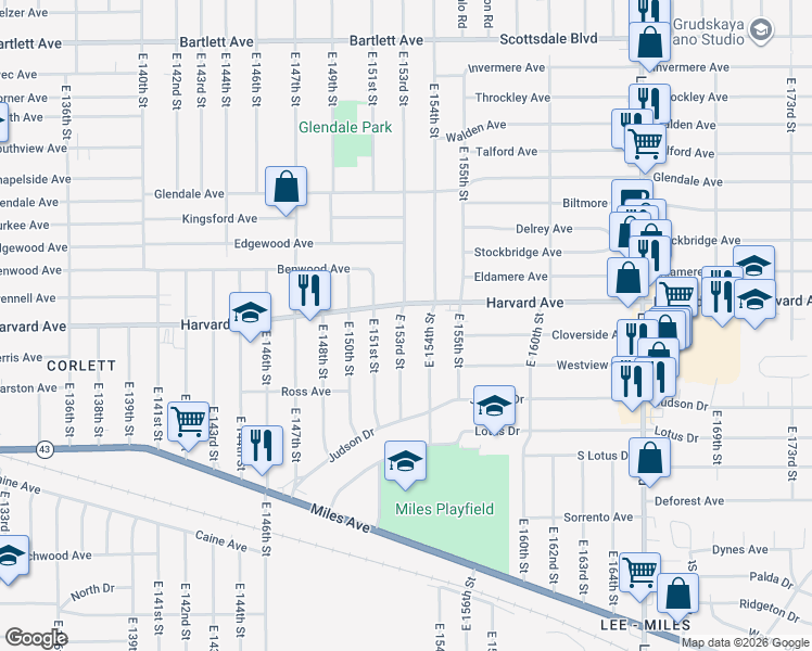 map of restaurants, bars, coffee shops, grocery stores, and more near 15220 Harvard Avenue in Cleveland
