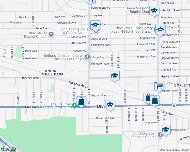map of restaurants, bars, coffee shops, grocery stores, and more near 11708 Martin Luther King Junior Drive in Cleveland
