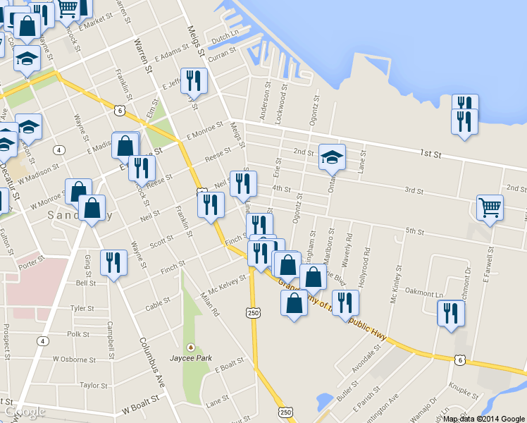 map of restaurants, bars, coffee shops, grocery stores, and more near 908 5th Street in Sandusky