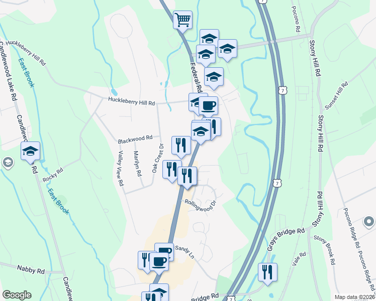 map of restaurants, bars, coffee shops, grocery stores, and more near 304 Federal Road in Brookfield