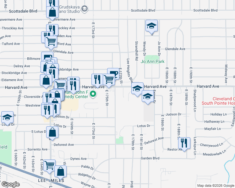map of restaurants, bars, coffee shops, grocery stores, and more near 17644 Harvard Avenue in Cleveland