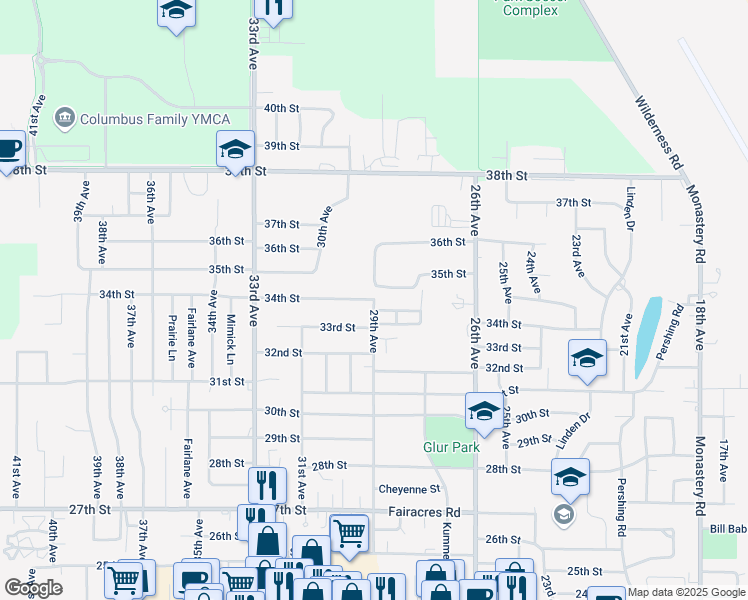 map of restaurants, bars, coffee shops, grocery stores, and more near 3399 29th Avenue in Columbus
