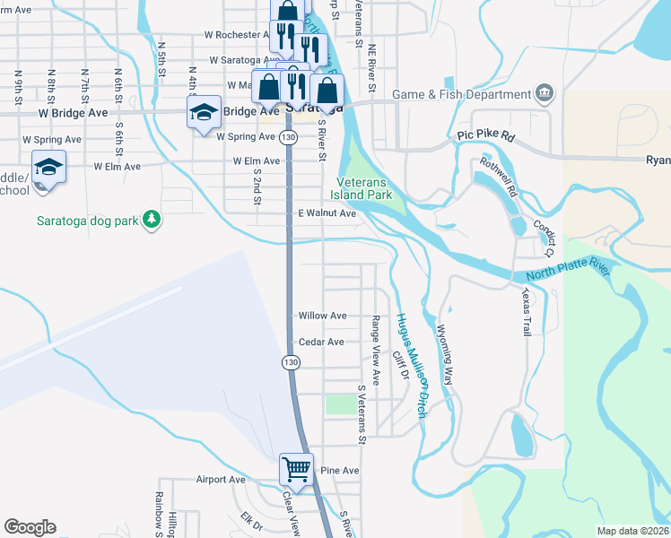 map of restaurants, bars, coffee shops, grocery stores, and more near 703 South River Street in Saratoga