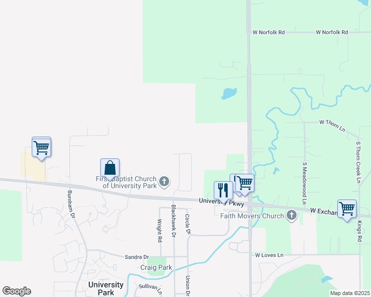map of restaurants, bars, coffee shops, grocery stores, and more near 606 Kevin Lane in University Park