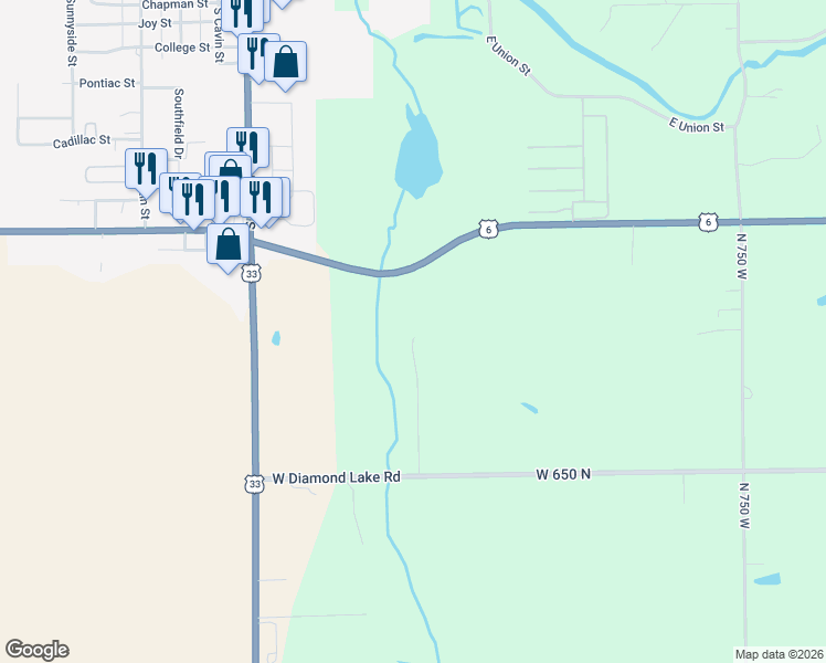 map of restaurants, bars, coffee shops, grocery stores, and more near 1500 County Road 815 West in Ligonier