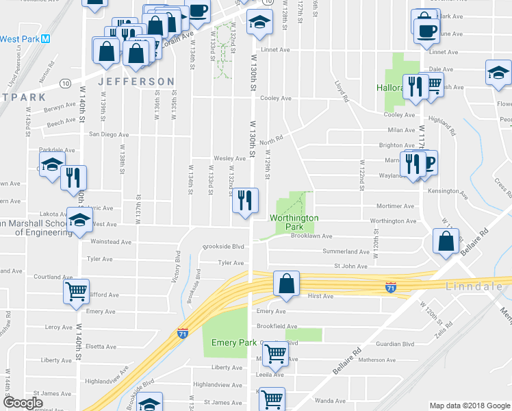 map of restaurants, bars, coffee shops, grocery stores, and more near 3855 West 130th Street in Cleveland