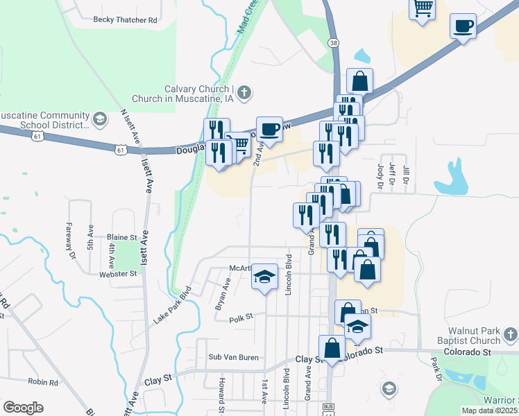 map of restaurants, bars, coffee shops, grocery stores, and more near 2209 2nd Avenue in Muscatine