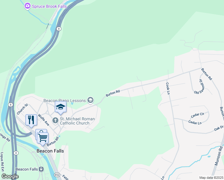 map of restaurants, bars, coffee shops, grocery stores, and more near 223 Burton Road in Beacon Falls