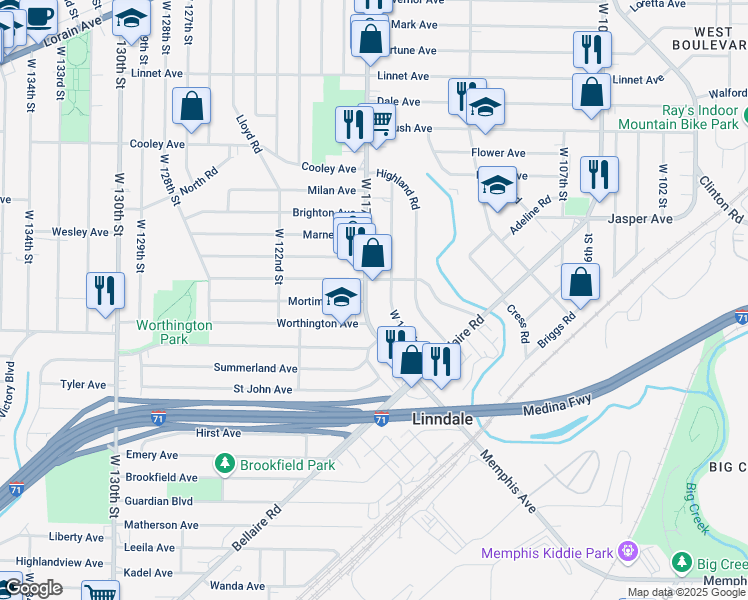 map of restaurants, bars, coffee shops, grocery stores, and more near 3782 West 116th Street in Cleveland