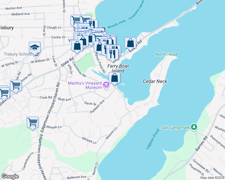 map of restaurants, bars, coffee shops, grocery stores, and more near 230 Skiff Avenue in Tisbury