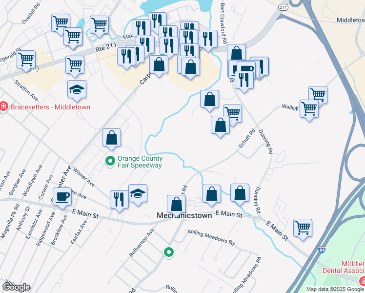 map of restaurants, bars, coffee shops, grocery stores, and more near 455 Schutt Road in Middletown