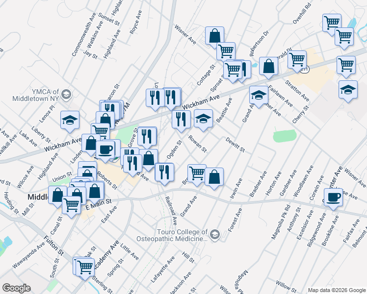 map of restaurants, bars, coffee shops, grocery stores, and more near 8 Rowan Street in Middletown