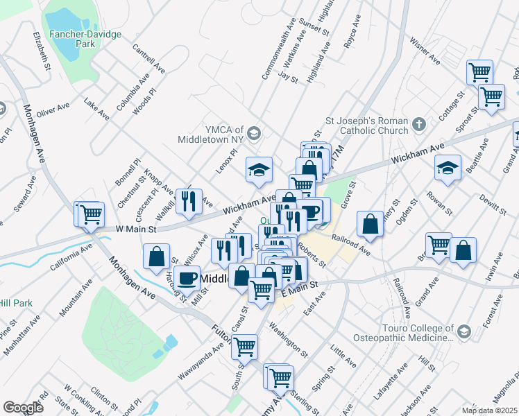 map of restaurants, bars, coffee shops, grocery stores, and more near 48 Wickham Avenue in Middletown