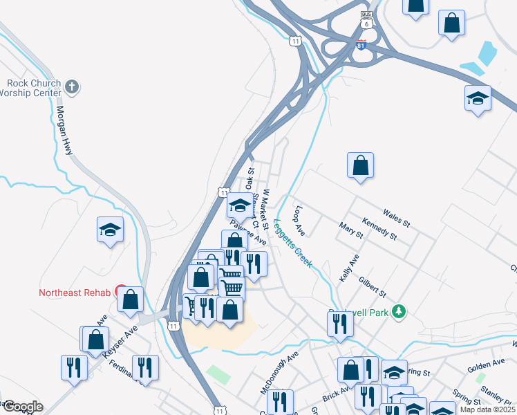 map of restaurants, bars, coffee shops, grocery stores, and more near 1011 W Market St in Scranton