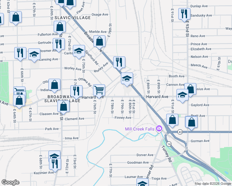 map of restaurants, bars, coffee shops, grocery stores, and more near 7809 Harvard Avenue in Cleveland