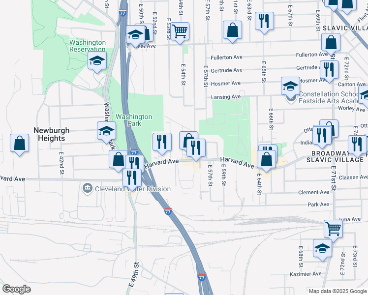 map of restaurants, bars, coffee shops, grocery stores, and more near 3994 East 54th Street in Newburgh Heights