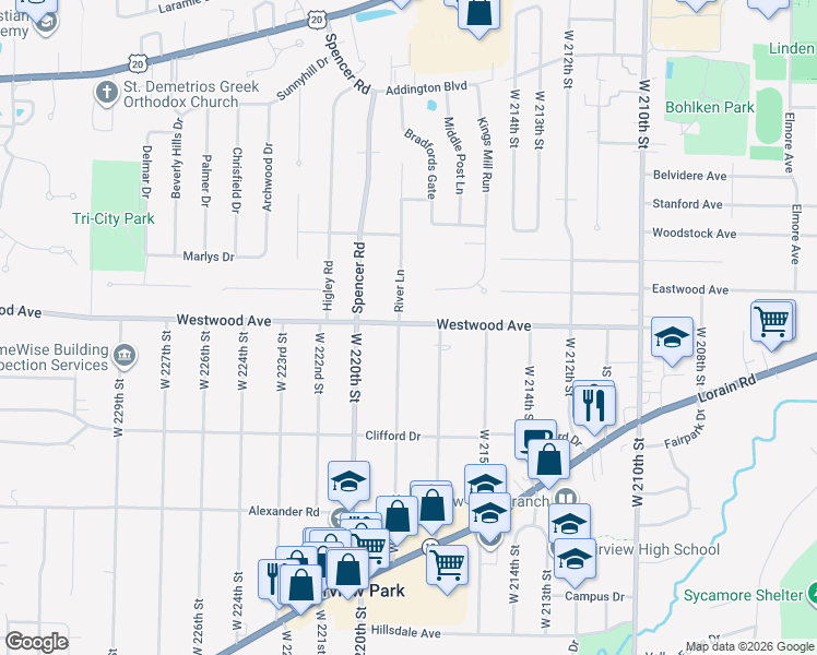 map of restaurants, bars, coffee shops, grocery stores, and more near 21920 Westwood Road in Fairview Park