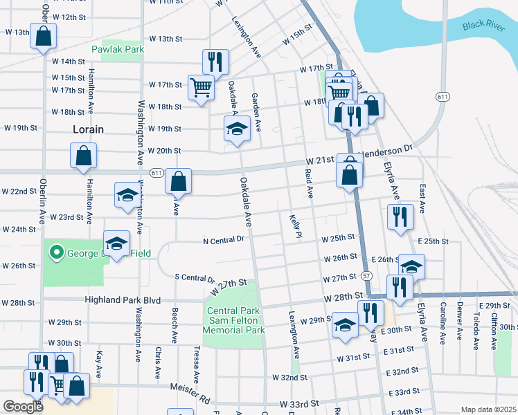 map of restaurants, bars, coffee shops, grocery stores, and more near 509 West 22nd Street in Lorain