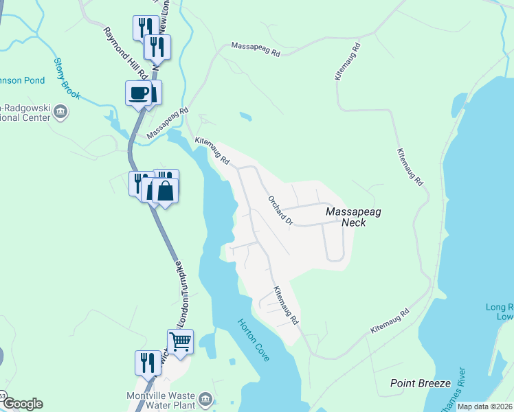 map of restaurants, bars, coffee shops, grocery stores, and more near 35 Orchard Drive in Montville